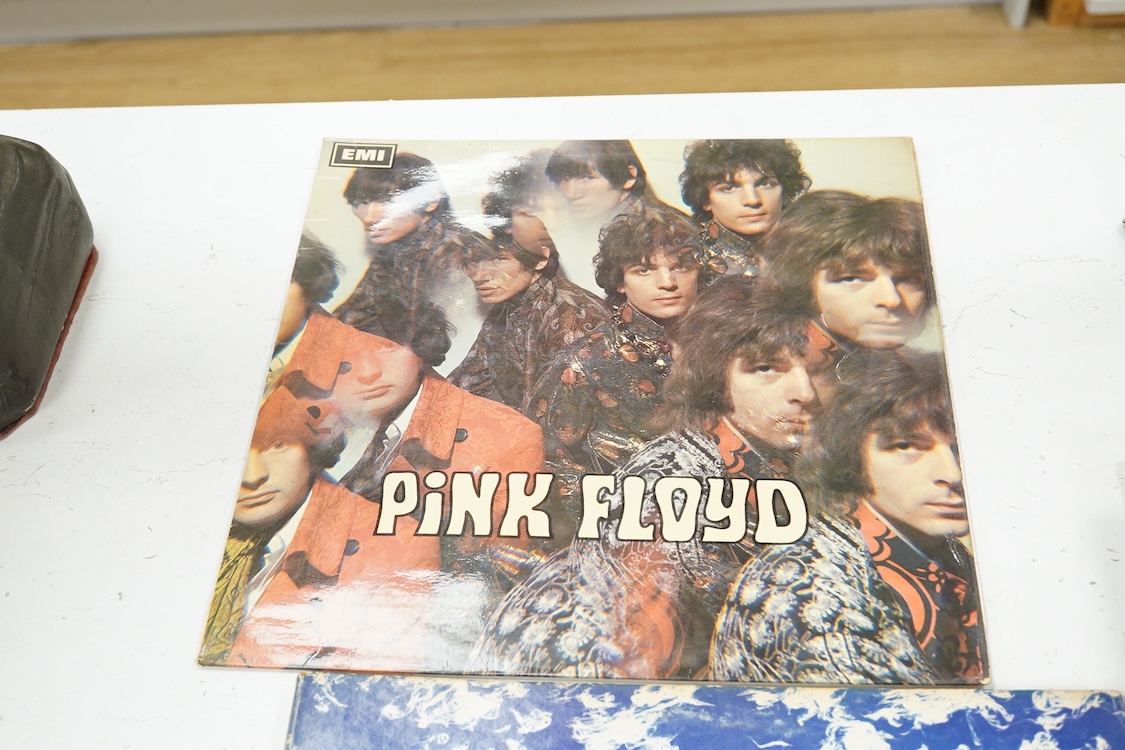 Eleven LP record albums including nine The Beatles and related albums; Beatles For Sale, Hey Jude, Yellow Submarine, All Things Must Pass, etc., together with the Rolling Stones; Their Satanic Majesties Request, and Pink